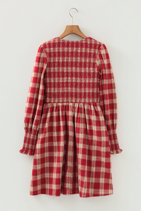 Plaid Smocked Puff Sleeve A Line Mini Dress