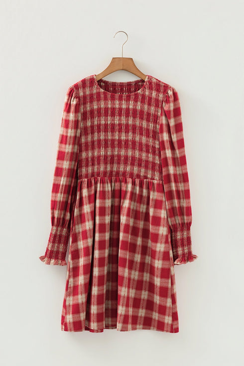 Plaid Smocked Puff Sleeve A Line Mini Dress