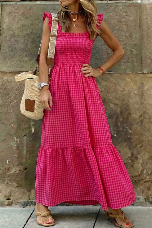 Plaid Smocked Square Neck Fit And Flare Maxi Dress