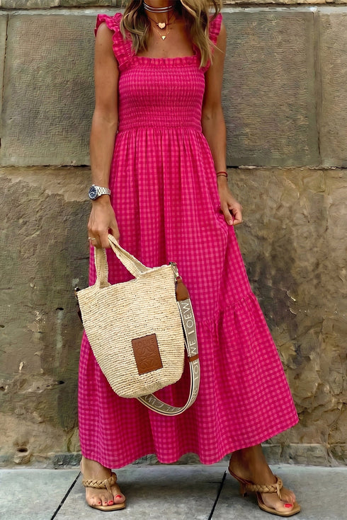 Plaid Smocked Square Neck Fit And Flare Maxi Dress