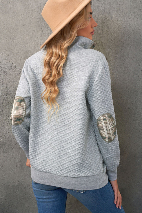 Plaid Splicing Elbow Patch Quilted Long Sleeve Sweatshirt