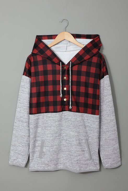 Plaid Splicing Pocketed Gray Hoodie