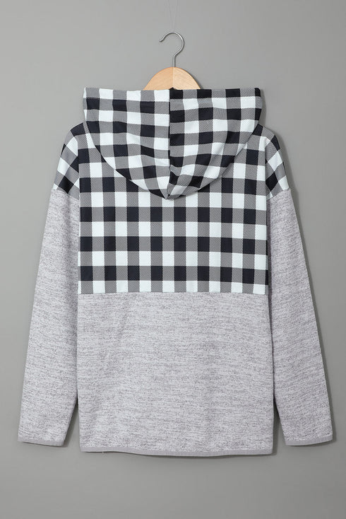 Plaid Splicing Pocketed Gray Hoodie