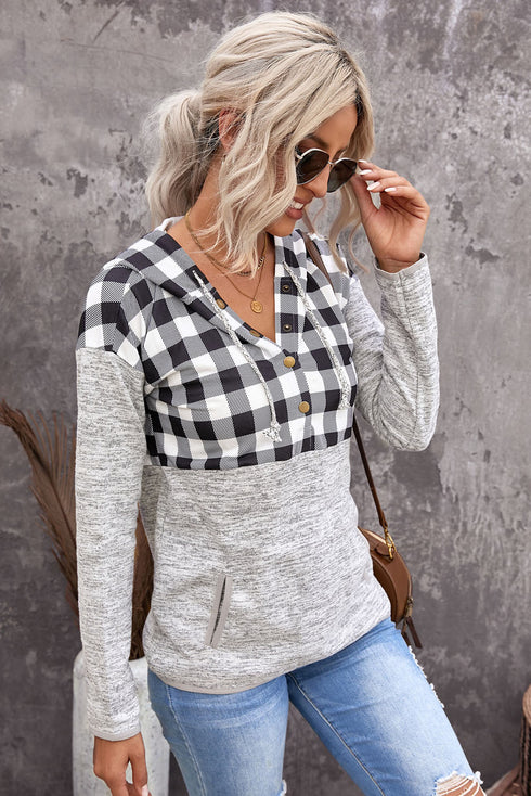 Plaid Splicing Pocketed Gray Hoodie