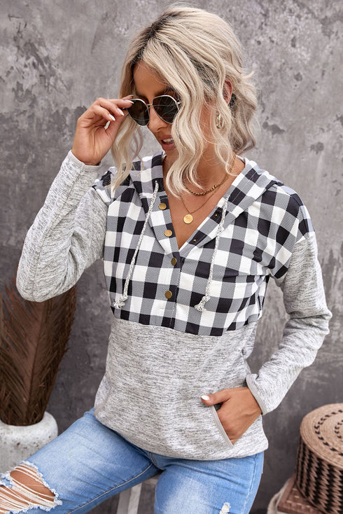 Plaid Splicing Pocketed Gray Hoodie