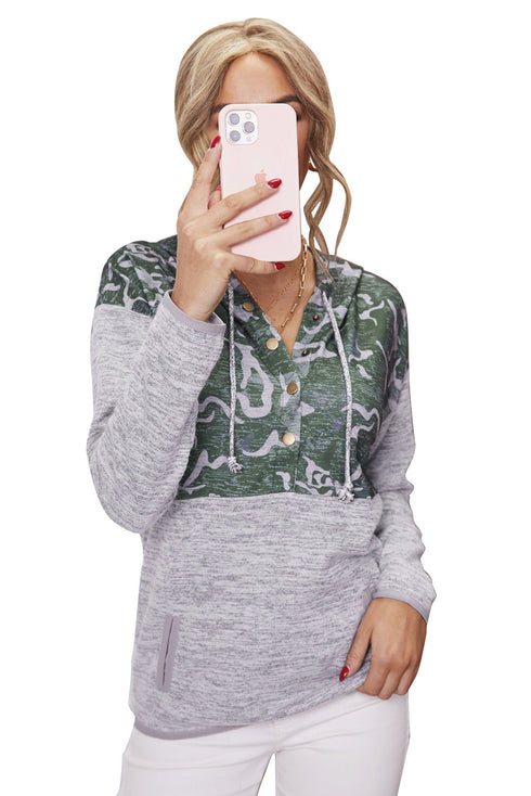 Plaid Splicing Pocketed Gray Hoodie