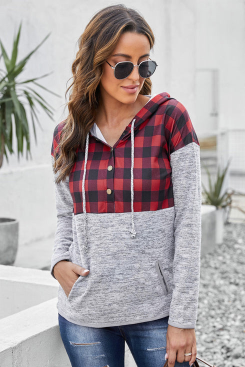 Plaid Splicing Pocketed Gray Hoodie