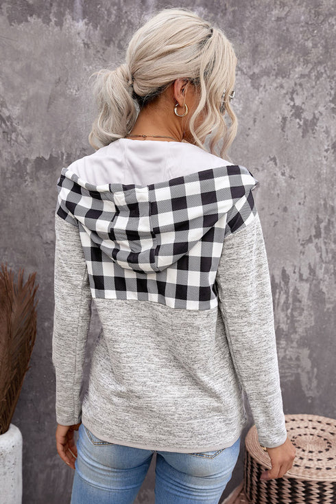 Plaid Splicing Pocketed Gray Hoodie