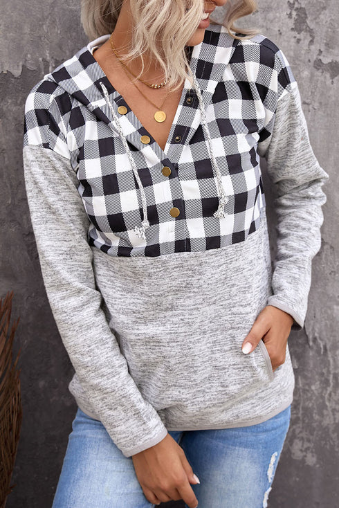 Plaid Splicing Pocketed Gray Hoodie