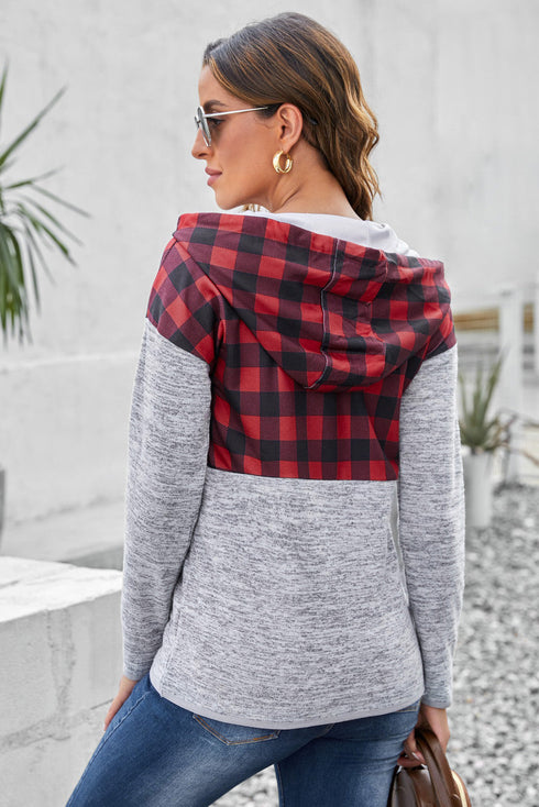 Plaid Splicing Pocketed Gray Hoodie