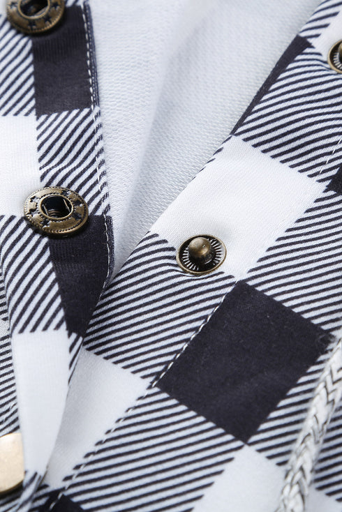 Plaid Splicing Pocketed Gray Hoodie