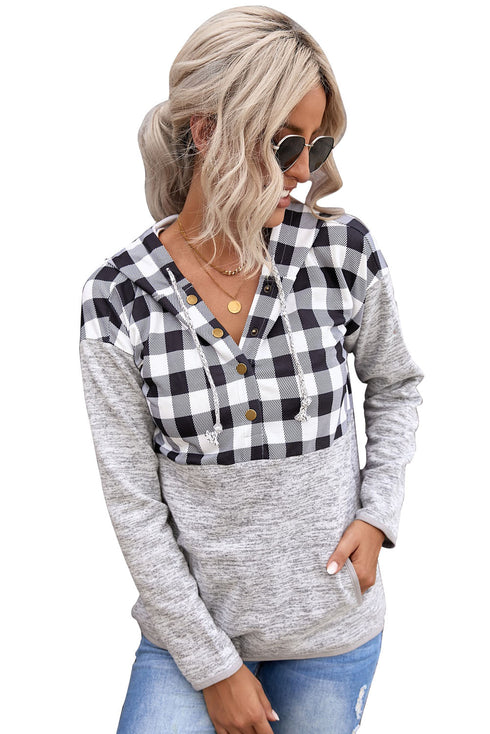 Plaid Splicing Pocketed Gray Hoodie