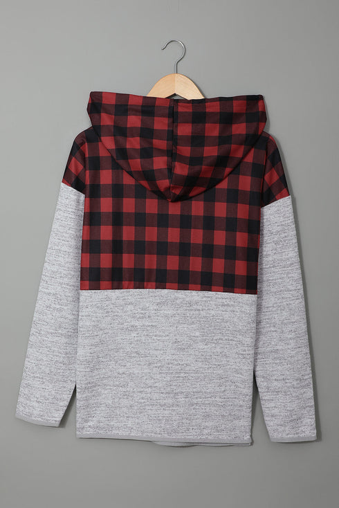 Plaid Splicing Pocketed Gray Hoodie