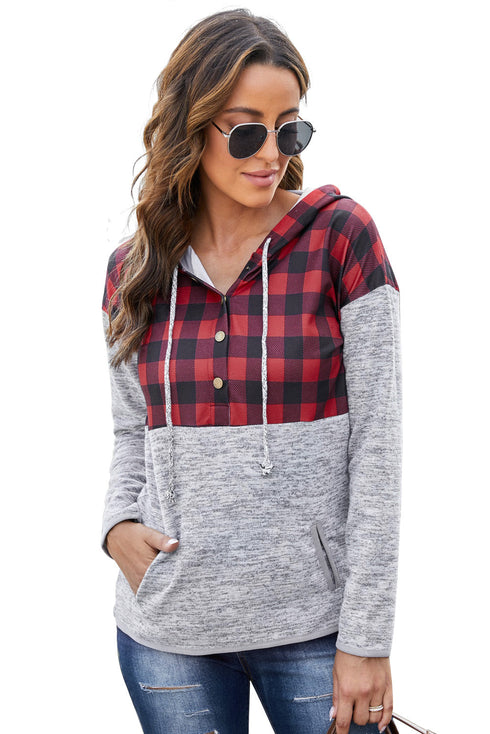 Plaid Splicing Pocketed Gray Hoodie