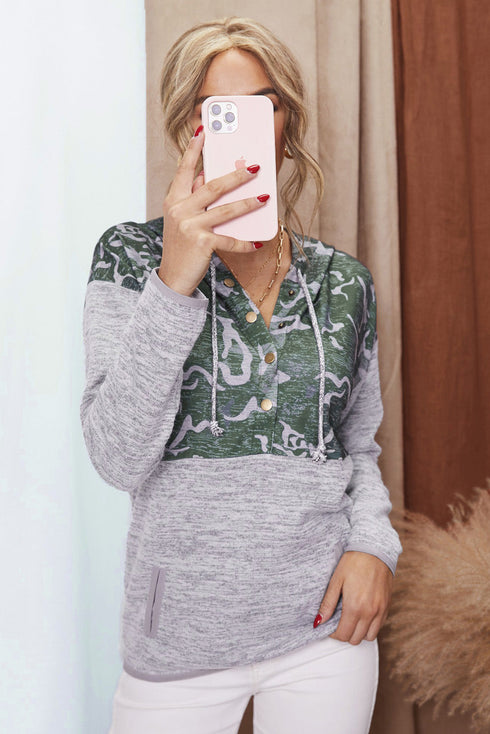 Plaid Splicing Pocketed Gray Hoodie