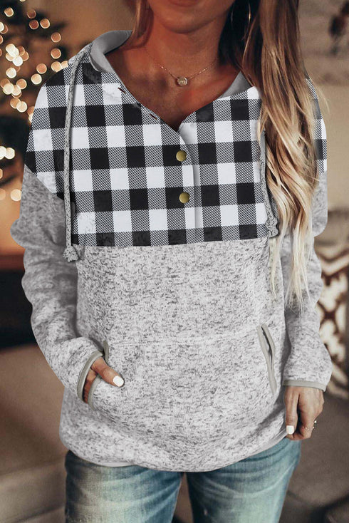 Plaid Splicing Pocketed Gray Hoodie