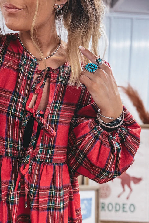Plaid Tie Front Long Sleeve Shift Mini Dress