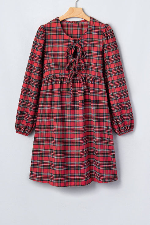 Plaid Tie Front Long Sleeve Shift Mini Dress