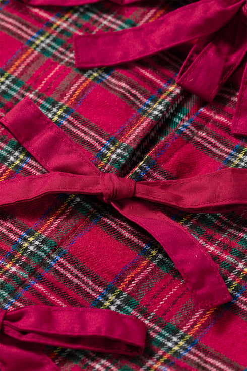 Plaid Tie Neck Ruffle Cuff Long Sleeve Blouse