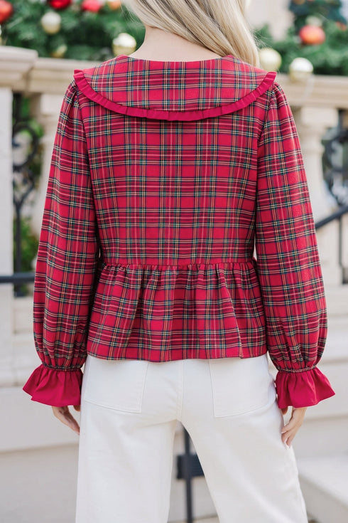 Plaid Tie Neck Ruffle Cuff Long Sleeve Blouse