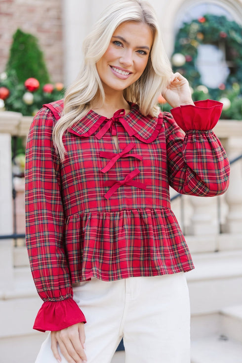 Plaid Tie Neck Ruffle Cuff Long Sleeve Blouse