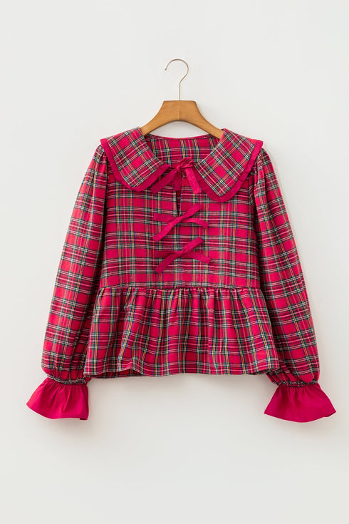 Plaid Tie Neck Ruffle Cuff Long Sleeve Blouse