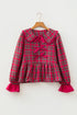 Plaid Tie Neck Ruffle Cuff Long Sleeve Blouse