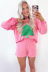 Plaid Tree Applique Raglan Pullover Lounge Short Set