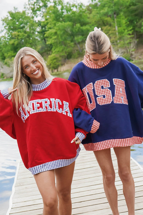 Plaid Trim America Letter Applique Baggy High Neck Sweatshirt