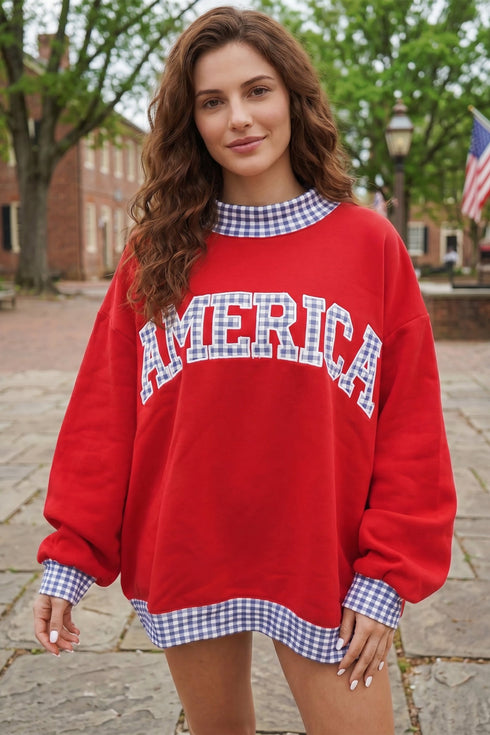 Plaid Trim America Letter Applique Baggy High Neck Sweatshirt