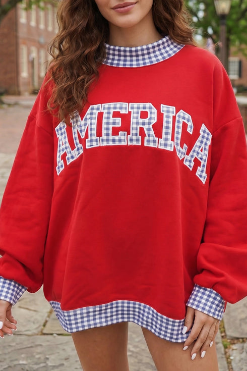 Plaid Trim America Letter Applique Baggy High Neck Sweatshirt