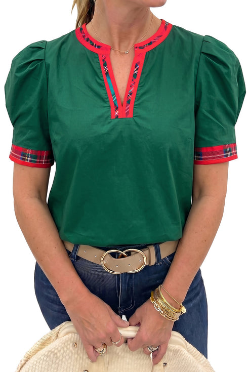 Plaid Trim V Neck Cotton Short Sleeve Shift Blouse