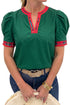 Plaid Trim V Neck Cotton Short Sleeve Shift Blouse