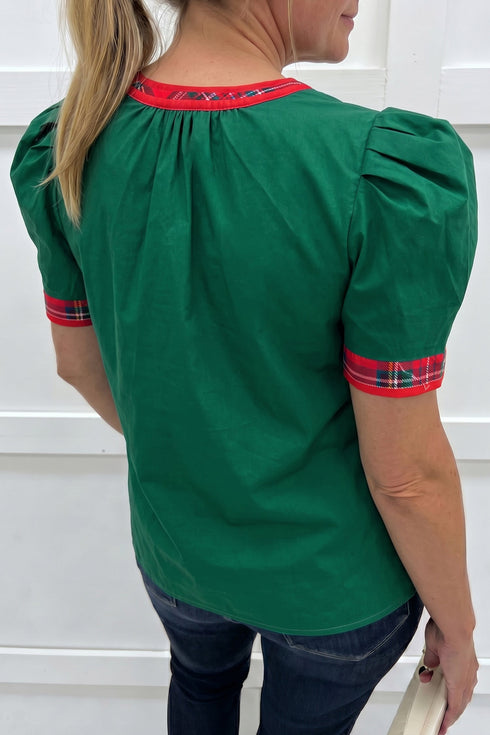 Plaid Trim V Neck Cotton Short Sleeve Shift Blouse