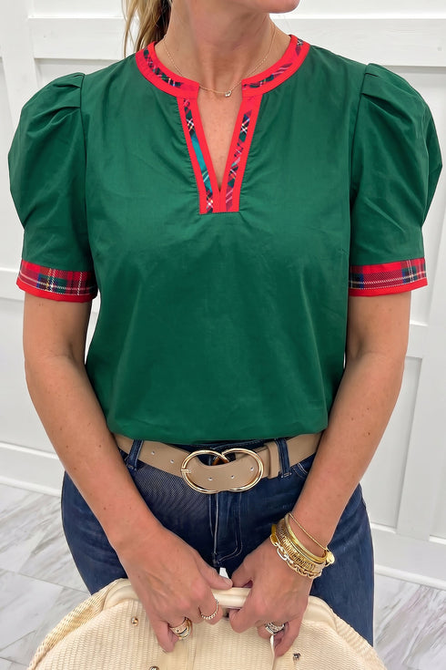 Plaid Trim V Neck Cotton Short Sleeve Shift Blouse