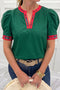 Plaid Trim V Neck Cotton Short Sleeve Shift Blouse