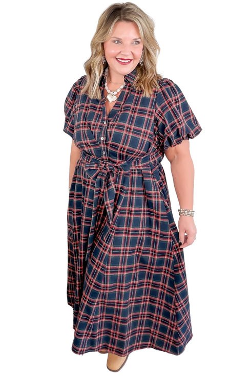Plaid V Neck Belted Waist Short Sleeve Maxi Dress