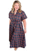 Plaid V Neck Belted Waist Short Sleeve Maxi Dress