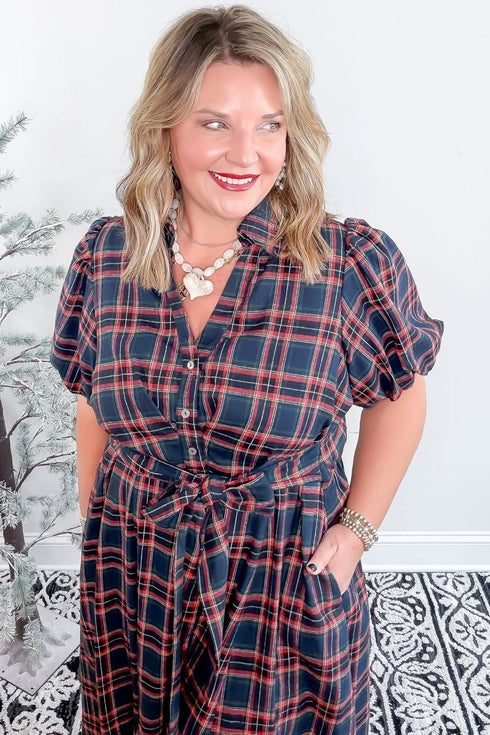 Plaid V Neck Belted Waist Short Sleeve Maxi Dress
