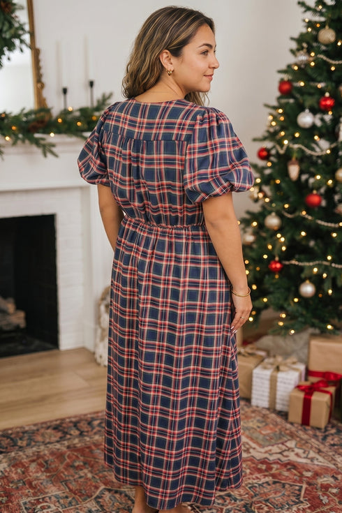 Plaid V Neck Belted Waist Short Sleeve Maxi Dress