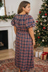 Plaid V Neck Belted Waist Short Sleeve Maxi Dress