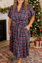Plaid V Neck Belted Waist Short Sleeve Maxi Dress