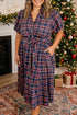 Plaid V Neck Belted Waist Short Sleeve Maxi Dress