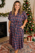 Plaid V Neck Belted Waist Short Sleeve Maxi Dress