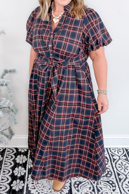 Plaid V Neck Belted Waist Short Sleeve Maxi Dress