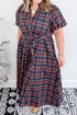 Plaid V Neck Belted Waist Short Sleeve Maxi Dress