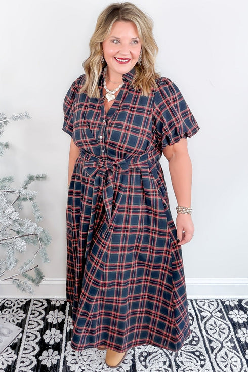 Plaid V Neck Belted Waist Short Sleeve Maxi Dress