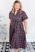 Plaid V Neck Belted Waist Short Sleeve Maxi Dress