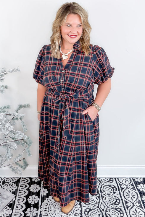 Plaid V Neck Belted Waist Short Sleeve Maxi Dress