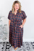 Plaid V Neck Belted Waist Short Sleeve Maxi Dress